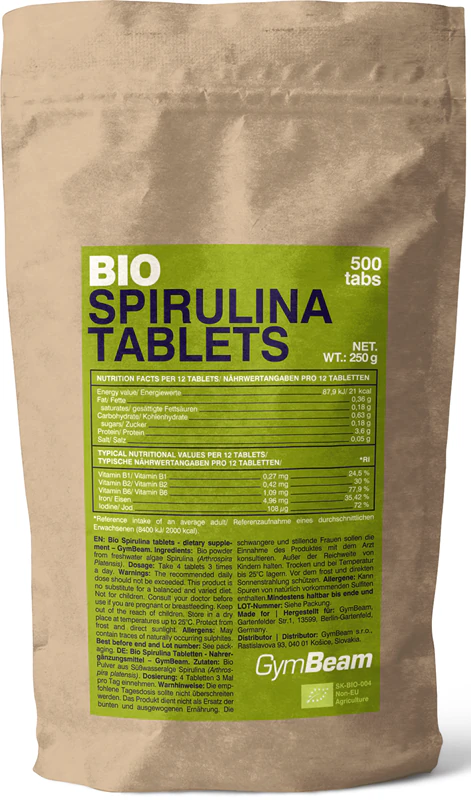 GymBeam Spirulina BIO, suplemento alimentar de espirulina 100% em comprimidos.