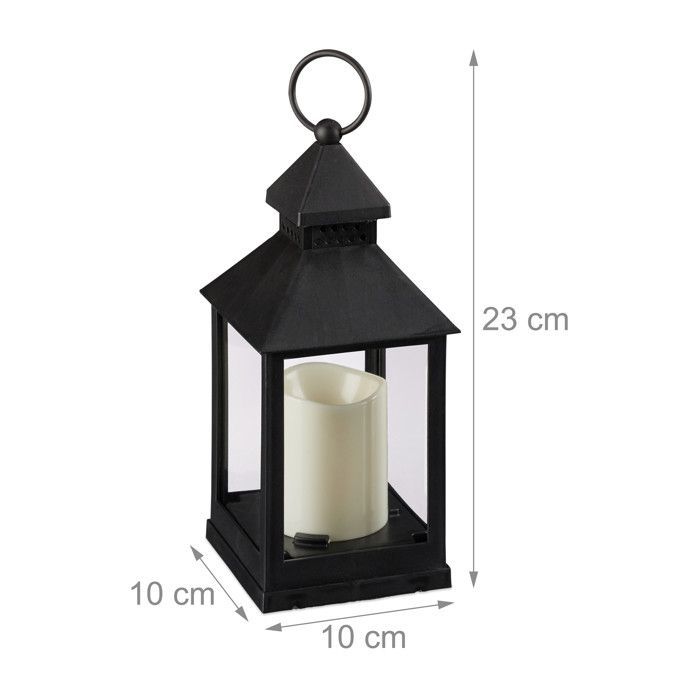 Relaxdays LED-lantaarns, kaars met vlameffect, voor buitengebruik, nostalgische lantaarn, hoogte 23 cm, zwart