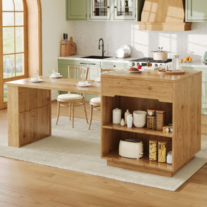Îlot de cuisine avec table extensible, éclairage LED, finition effet chêne, tiroirs, porte vitrée et espaces de rangem ILOT CENTRAL