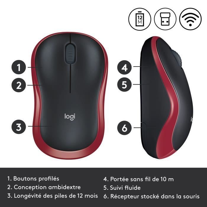 Ratón inalámbrico Logitech M185 rojo, ambidiestro