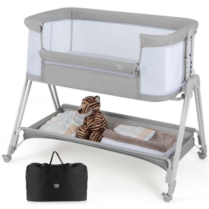 COSTWAY Lit Cododo Bébé avec Matelas Berceau Pliant 7 Hauteurs Réglables,4 Roues Verrouillables,Sangles Attaché Etagère de