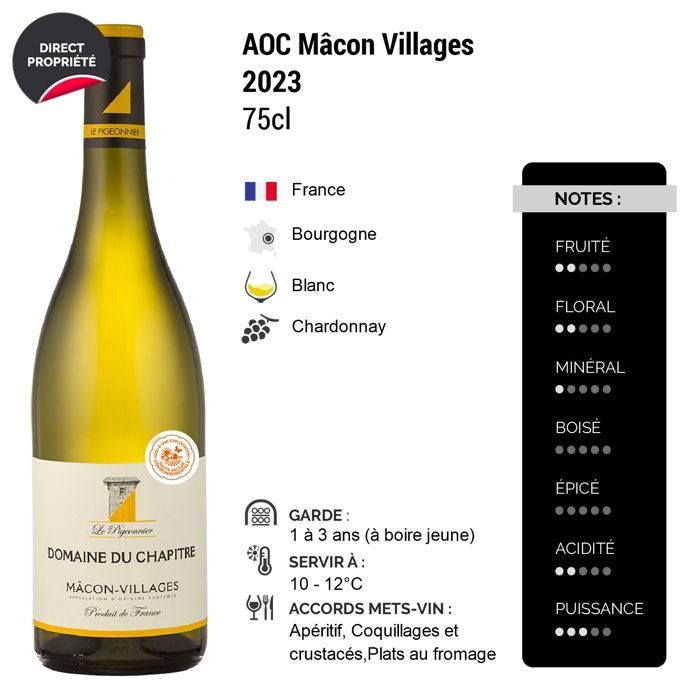 Domaine du Chapitre Mâcon Villages Le Pigeonnier 2023 - Vin Blanc de Bourgogne (3x75cl)