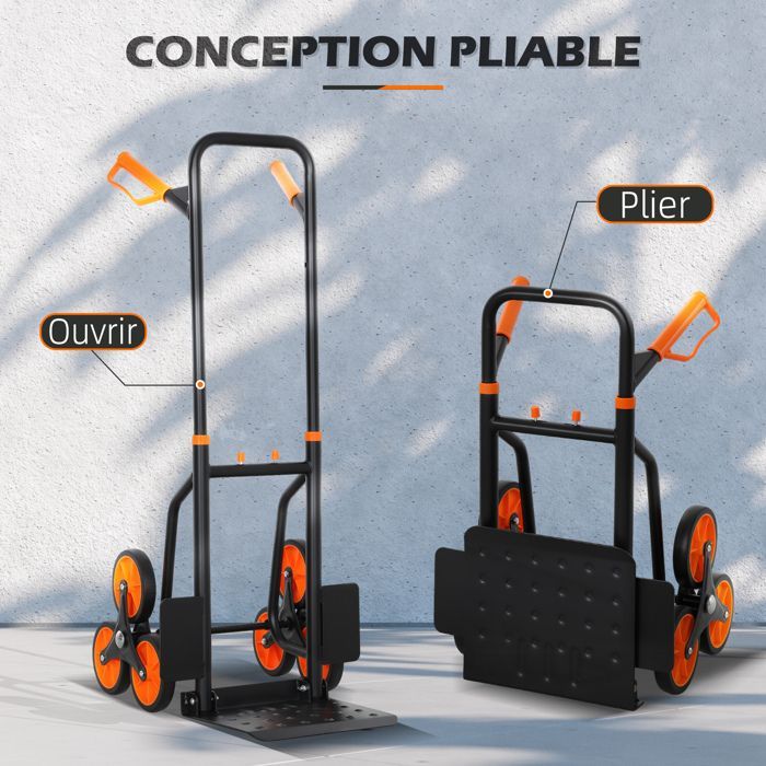 Carretilla elevadora para escaleras - DURHAND - plegable - 120 kg - 6 ruedas - cuerdas telescópicas - estructura de acero - 44x38x106,5 cm - naranja