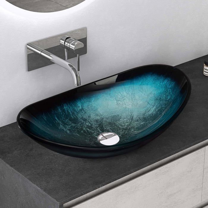 Mai & Mai Countertop Glass Washbasin, Oval Hand Basin, Blue Washbasin for Bathroom or Guest Toilet, 53.5x35.5x16 cm, Min08