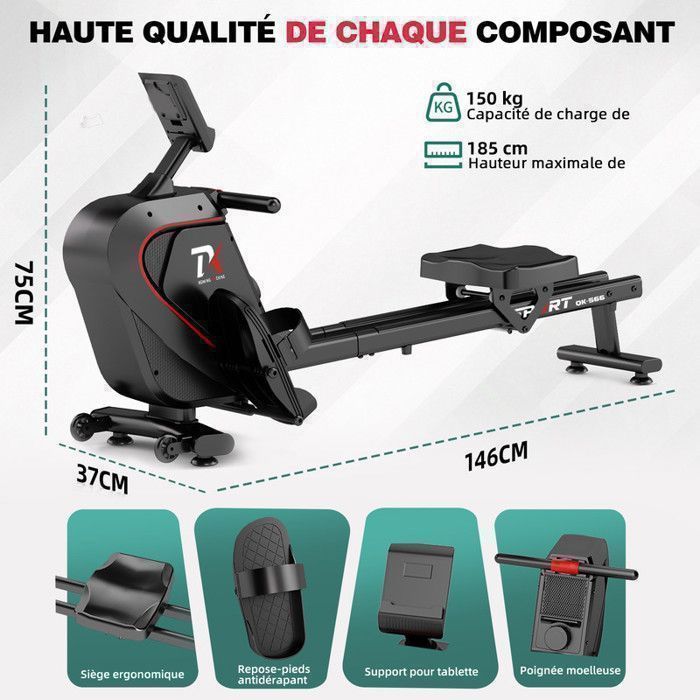 Rameur magnétique - RAOO MIN - QK-566 - Capacité 150Kg - 16 niveaux de résistance - Silencieux