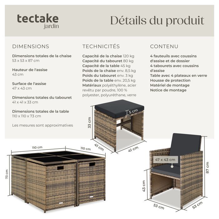 Conjunto de jardín - TECTAKE - Conjunto de salón de jardín de 8 plazas con fundas BILBAO, sillones apilables, resina tejida - Marrón natural