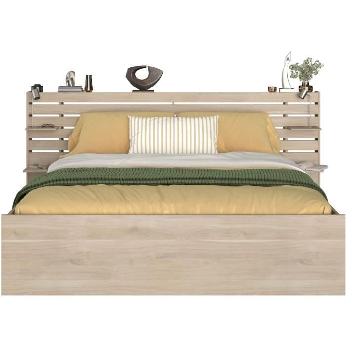 ESCALE Volwassenenbed 180x200 cm - Japanse eikenhouten afwerking - 2 lades + hoofdbord - B235,4 x H98,2 x D216,8 cm - Gemaakt in Frankrijk