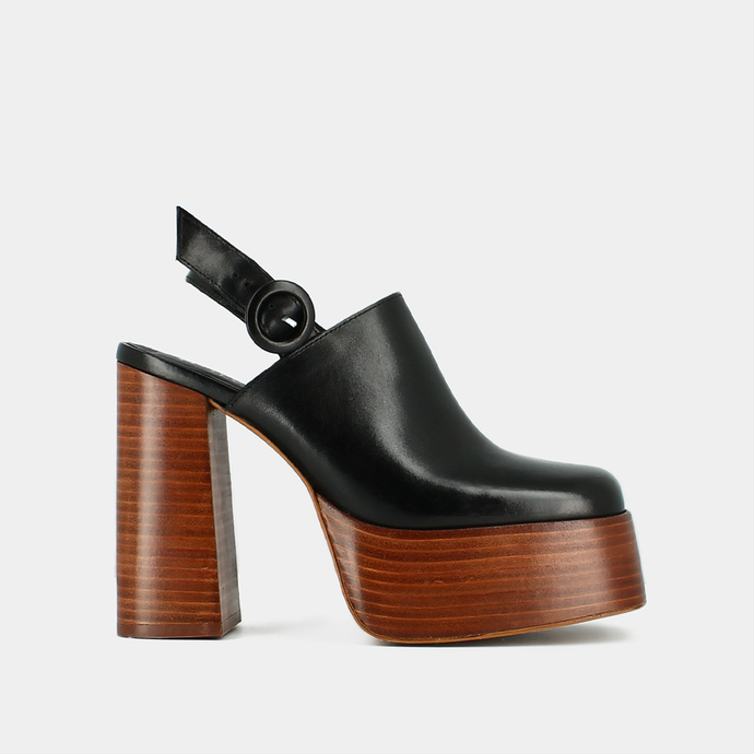 Mules à plateformes et bouts carrés  en cuir noir
