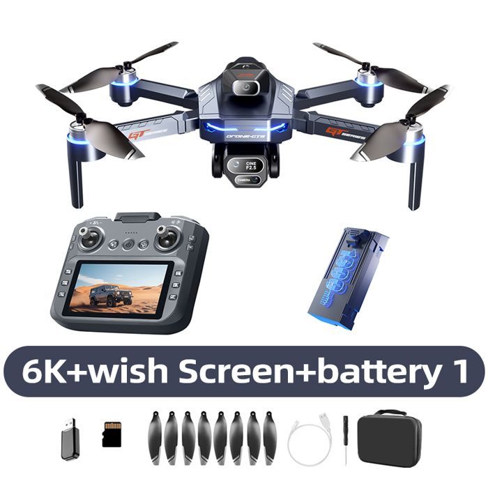 Dron GT8 Azul - Batería de 6k - Cámara aérea FPV profesional con sistema de evasión de obstáculos, pantalla grande y control remoto plegable.