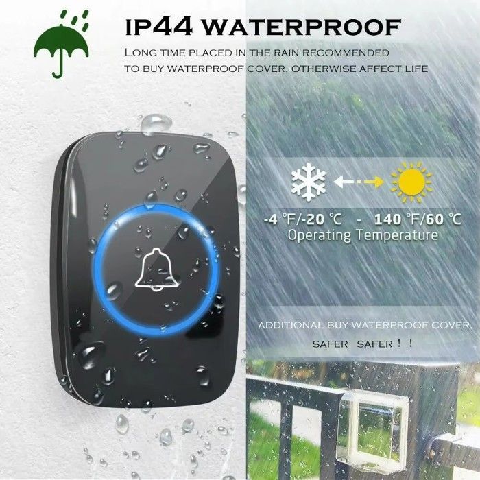 Timbre inalámbrico con 1 botón + 2 receptores - Alcance de 300 m - Ideal para casas de varias plantas - Luz LED intermitente para personas mayores - 38 melodías - Negro