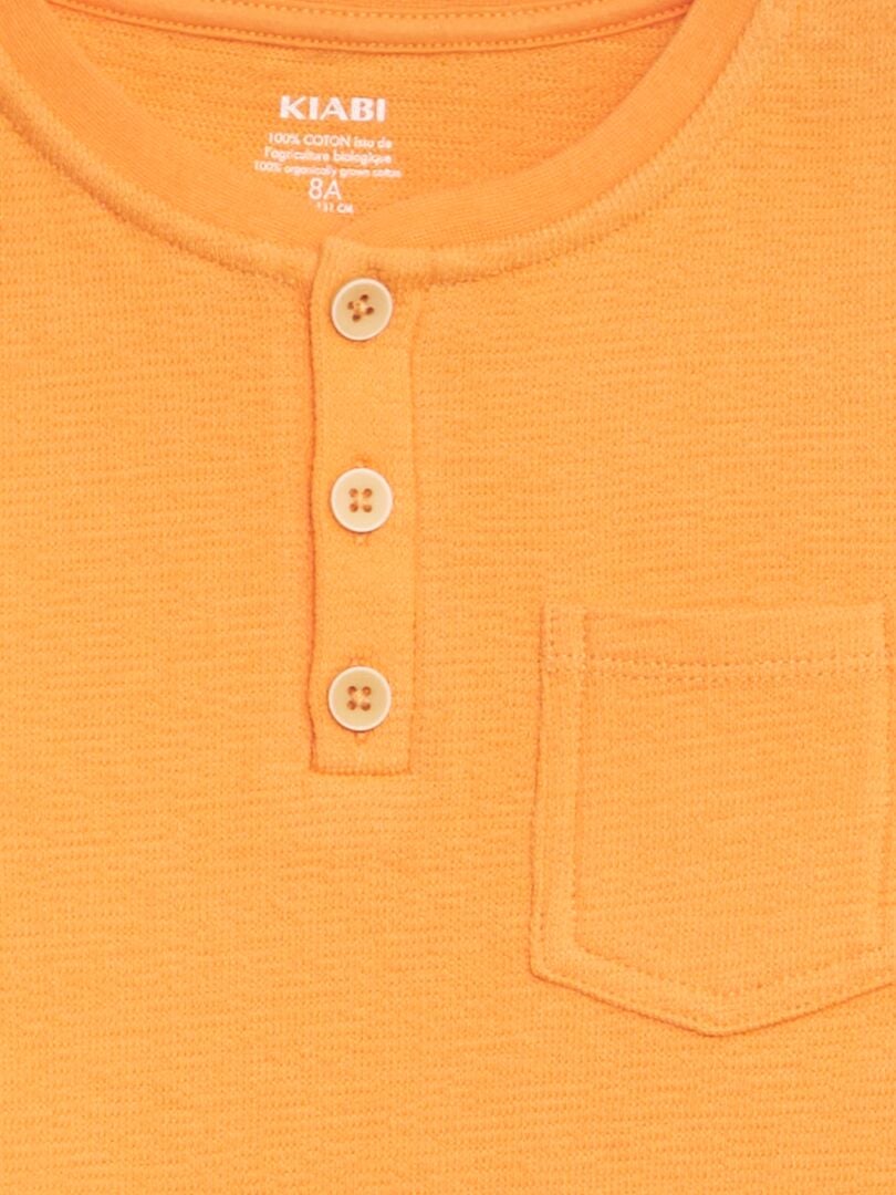 Camiseta de algodón con cuello Henley - NARANJA