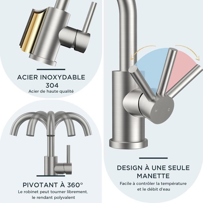 Baterie de baie/bucătărie cu pivotare la 360°, baterie mixer pentru lavoar din nichel periat, ușor de instalat pentru baie