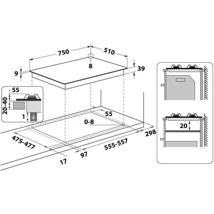 HOTPOINT PNN 751 IX Plaque de cuisson gaz - 5 foyers - 10,5kW - L75 x P51cm - Revêtement inox - Inox