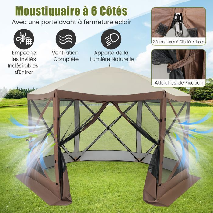 Tonnelle 350 x 350 cm à Ouverture Instantanée - COSTWAY - 6 Côtés avec Parois en Maille 2 Pare-Vent Amovibles - 8 à 10 Personnes
