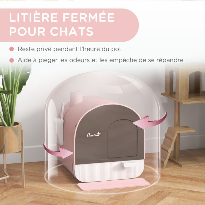 Bac à litière pour chat PawHut maison de toilette avec porte battante, pelle et filtre inclus dim. 43L x 44l x 47H cm - rose