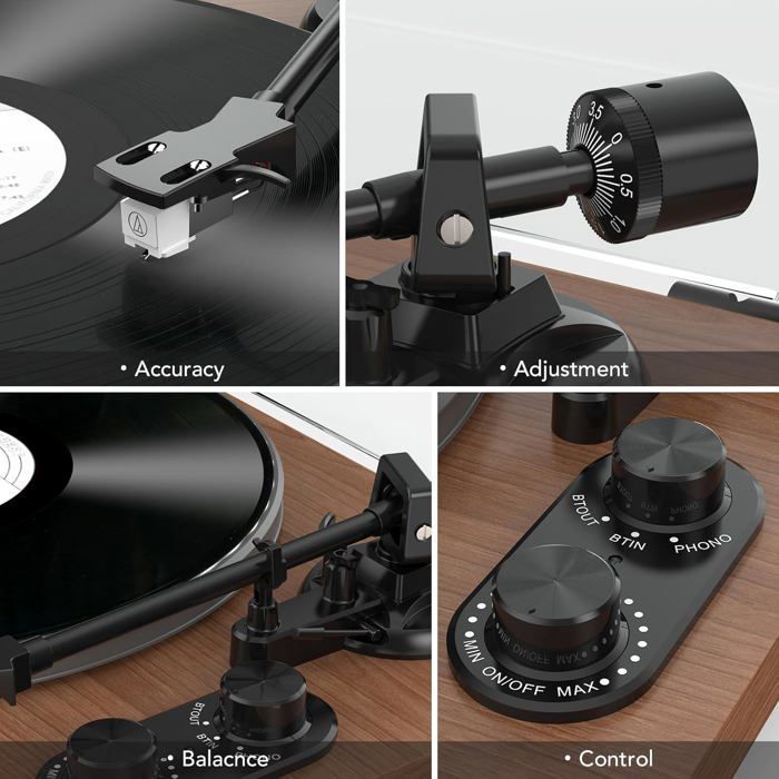 Platine Vinyle Hi-Fi Bluetooth, Enceintes Étagère 40W, Plateau Aluminium, 2 Vitesses, Préampli AT-3600L, Marron