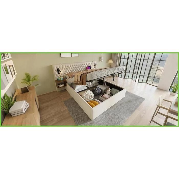 Set completo per camera da letto - Letto contenitore idraulico 160x200 cm + 2 comodini + lampade USB - Velluto beige