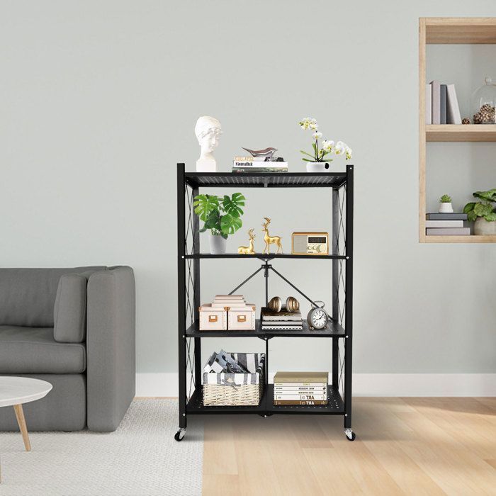 Folding storage unit - 4 shelves - Black metal - 4 lockable casters - 272 kg capacity