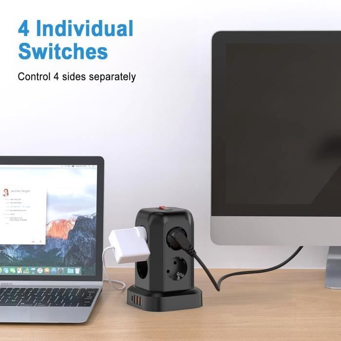 Power strip - FANTEC - Electric Tower Surge Protector - 8 Outlets - 4 USB Ports - 1.8M Cable