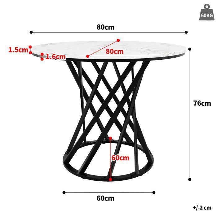 Table à Manger Ronde -  Plateau en MDF - Table de Cuisine pour Salon Salle à manger - 80x80x76cm - Blanc