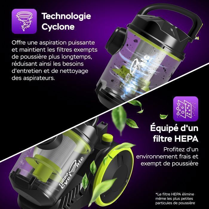 Aspirateur Traîneau Sans Sac Cyclonique TurboTronic CV07 – Puissant et Léger – Pour Tapis et Sols Durs – Noir/Vert