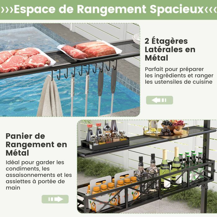 COSTWAY 242x153cm Barbecue Gazebo - 2-Tier Roof - 2 Side Shelves - Storage Basket - Hanging Hooks - Bottle Opener - Grey