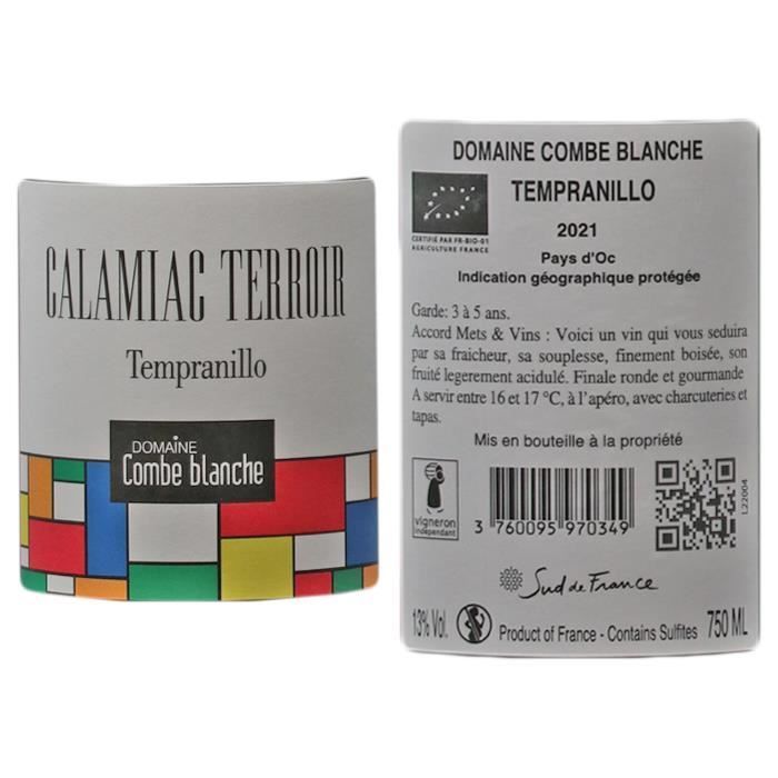 Pays d'Oc Calamiac Terroir Tempranillo Tinto 2021 - Ecológico - Caja de 12x75cl - Domaine Combe Blanche - Vino Tinto IGP de Languedoc -