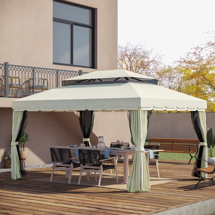 Garden gazebo - marquee - Outsunny - double roof with removable mosquito nets - steel - 4x3m - natural
