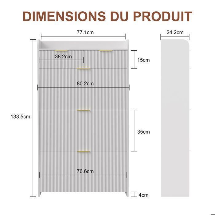 Meuble à chaussures - Armoire a Chaussures avec 3 Abattants et 2 Tiroirs - style minimaliste moderne - Blanc - 133 x 77 x 25 cm