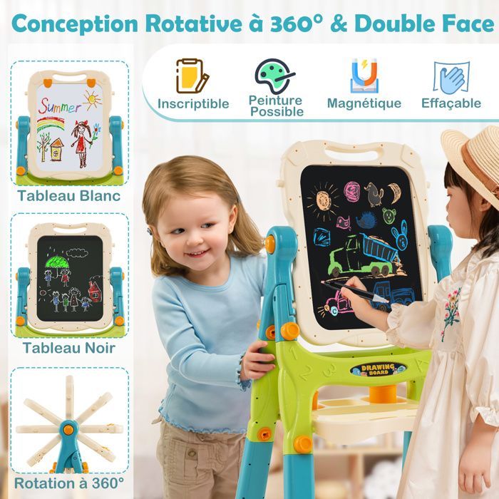 GIANTEX Chevalet pour Enfants 3+ Ans, Tableau Magnétique Double Face Rotatif & Amovible, Hauteur Réglable, 57x33x81cm, Vert