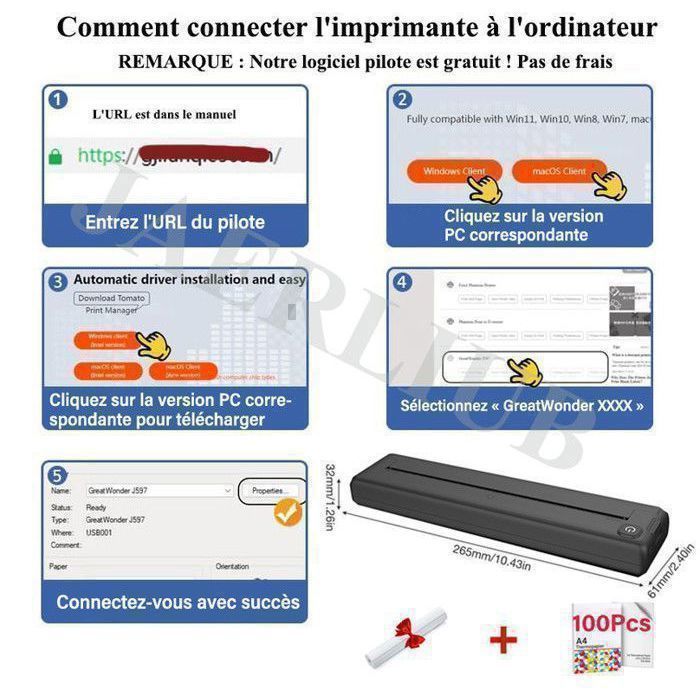 Impressora Bluetooth com 100 folhas de papel A4 (210 x 297 mm), impressora térmica, compatível com Android, iOS e Windows.