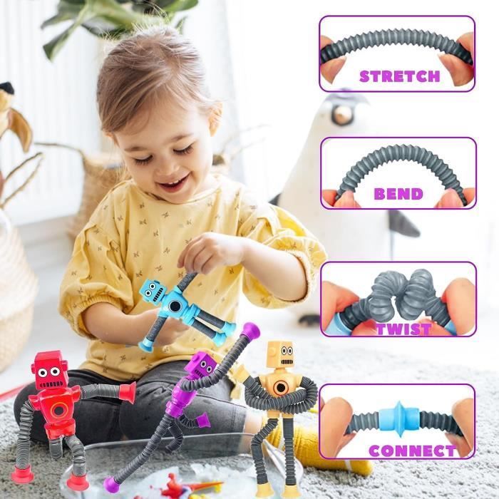 Robot de juguete de 4 piezas, juguetes sensoriales con ventosa telescópica, juguetes de plástico con luces, juguetes para niños y adultos.