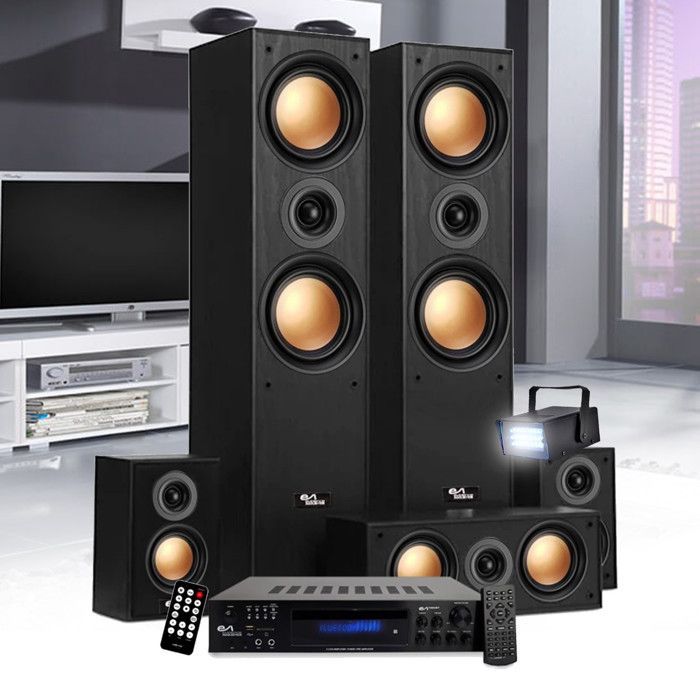 Home Cinema Package - Evidence Acoustics EA950-PG - 5 x 850W Speakers - 5.1 Amplifier with USB, BT, and FM Radio - 4 x 75W, 3 x 20W - Mini Strobe Included