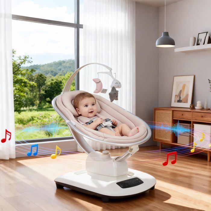 Columpio eléctrico para bebé - Control remoto inteligente - Tecnología de balanceo 5D - Modo de inclinación adaptativo - Beige