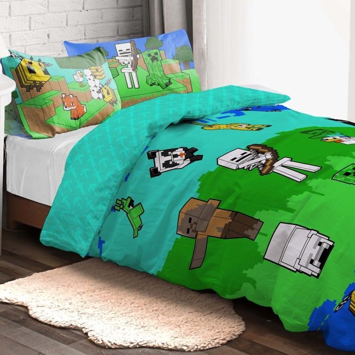 Juego de ropa de cama infantil Minecraft Creative Mode, 140x200 cm, 100% algodón, cama individual