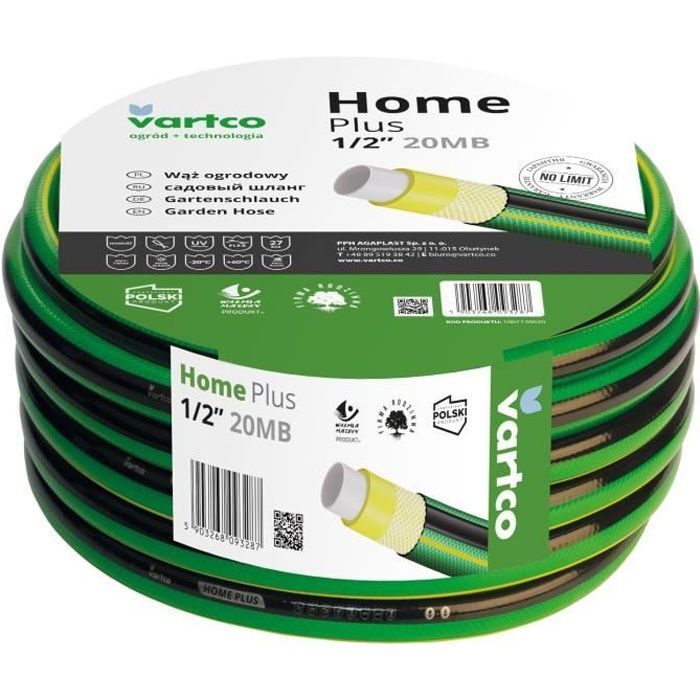 Manguera de jardín flexible Vartco Home Plus de 4 capas, antitorsión, de poliéster trenzado cruzado, resistente a los rayos UV, 27 bares, 1/2