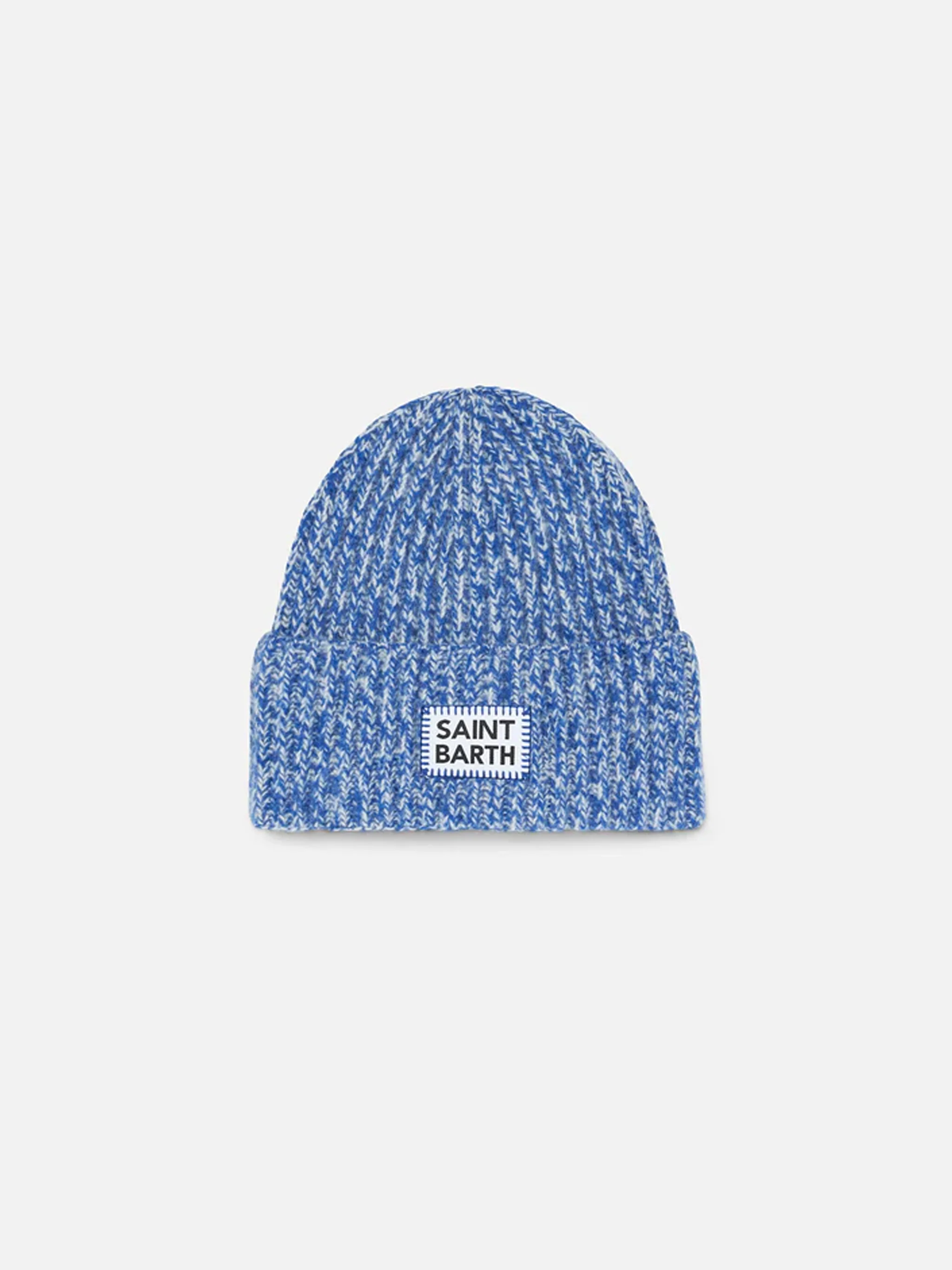 Chapéu mouliné branco e azul para crianças com bordado de São Bartolomeu.