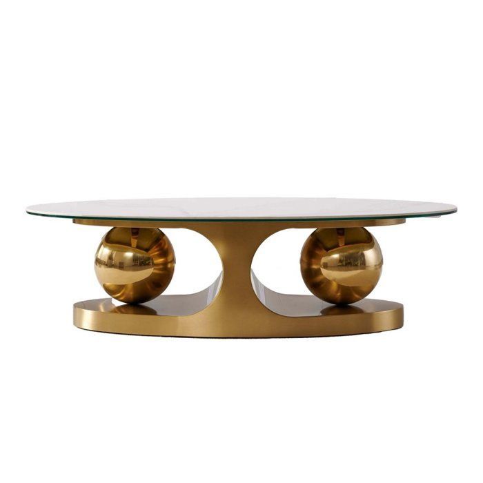 Table basse design SPHERE GOLD 130 base métal doré plateau marbre blanc