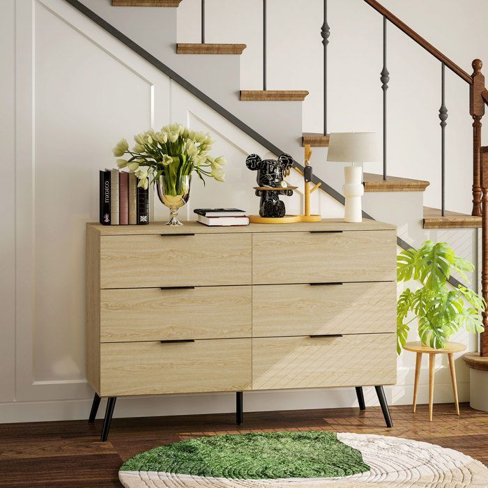 Commode 6 tiroirs - HOMCOM - Commode pour chambre à coucher avec design moderne anti-basculement 110L x 40l x 75H cm - Aspect bois