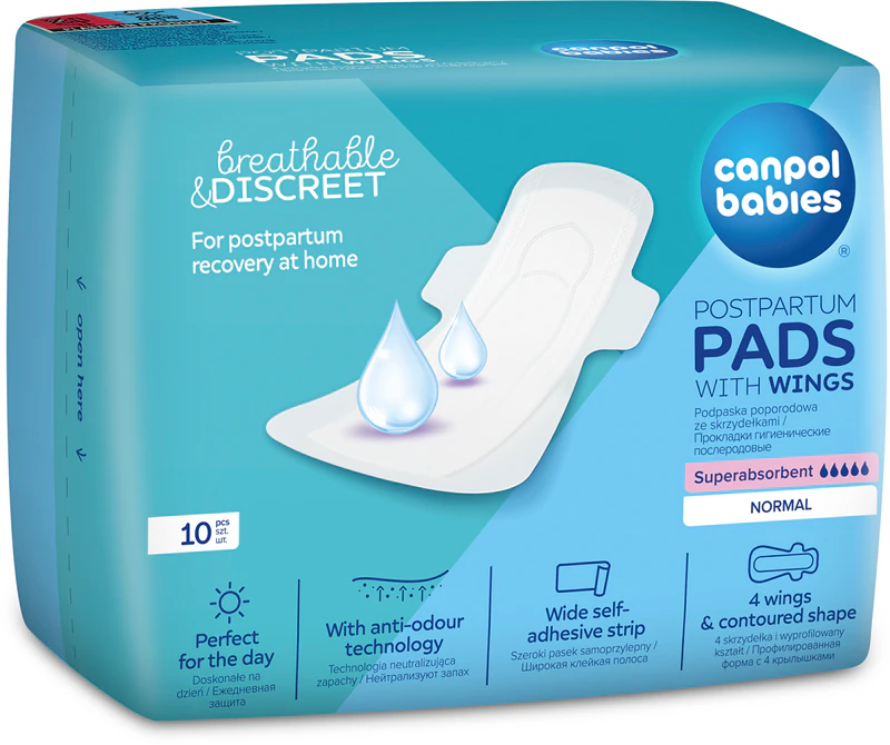 Absorventes pós-parto Canpol para bebês com abas, para uso diurno.