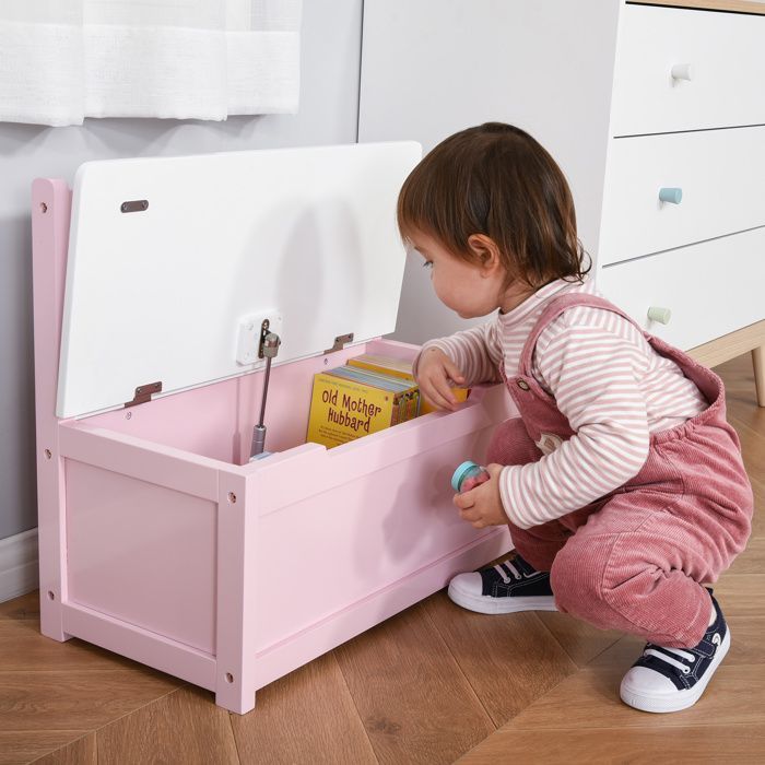 Coffre à jouet enfant - banc de rangement - HOMCOM - 2 en 1, couvercle rabattable, charnières de sécurité - 60 x 30 x 50 cm - rose