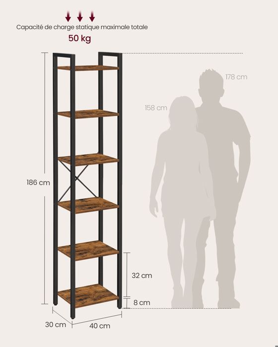 Libreria a 6 ripiani VASAGLE, mobile contenitore, scaffale da ufficio, 30 x 40 x 187,5 cm, marrone rustico e nero inchiostro.