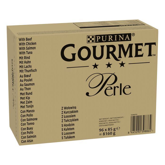 GOURMET PERLE Les Filettines Avec du Bœuf, Poulet, Saumon, Thon  - Sachets fraîcheur pour chat adultes - 96x85g