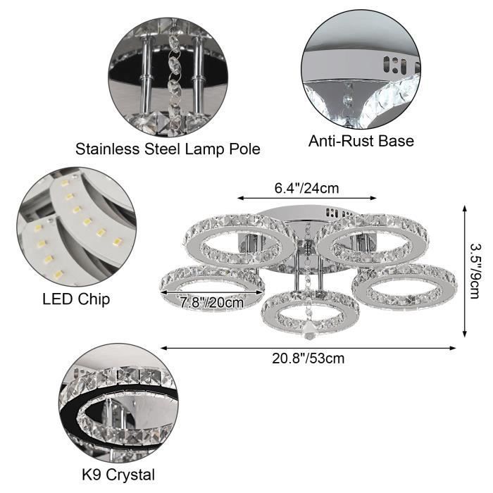 Lámpara de techo colgante empotrada de acero inoxidable con diseño moderno de cristal LED y 5 anillos.