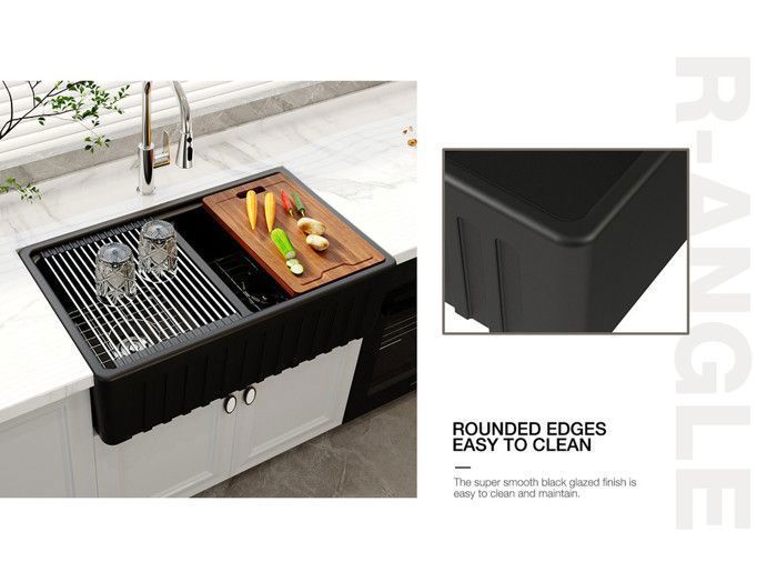 MEJE 83,8 x 50,8 cm  évier de cuisine de ferme en céramique noire à bord étagé - evier timbre -  à double cuve avec tablier avant