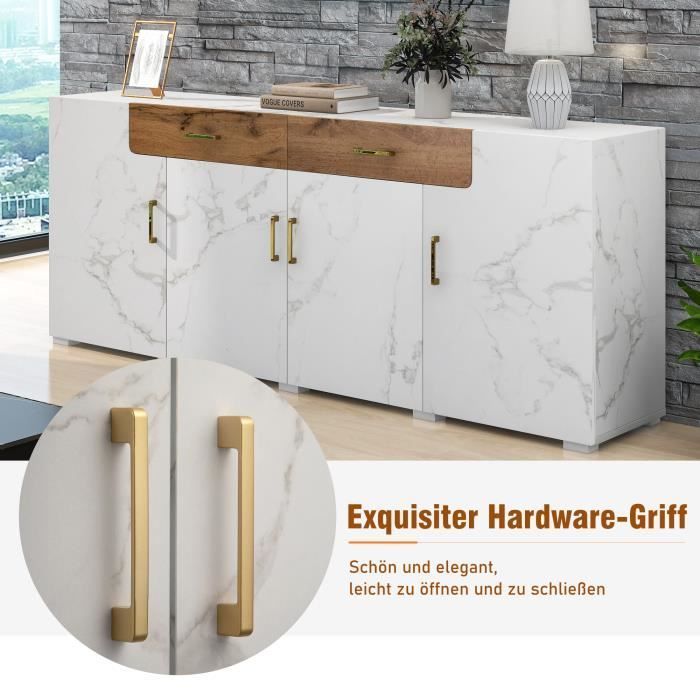 Buffet Salon Blanc Moderne - Grand Buffet avec 4 portes 2 Tiroirs - Meuble de Rangement - 208 x 39,5 x 80 cm