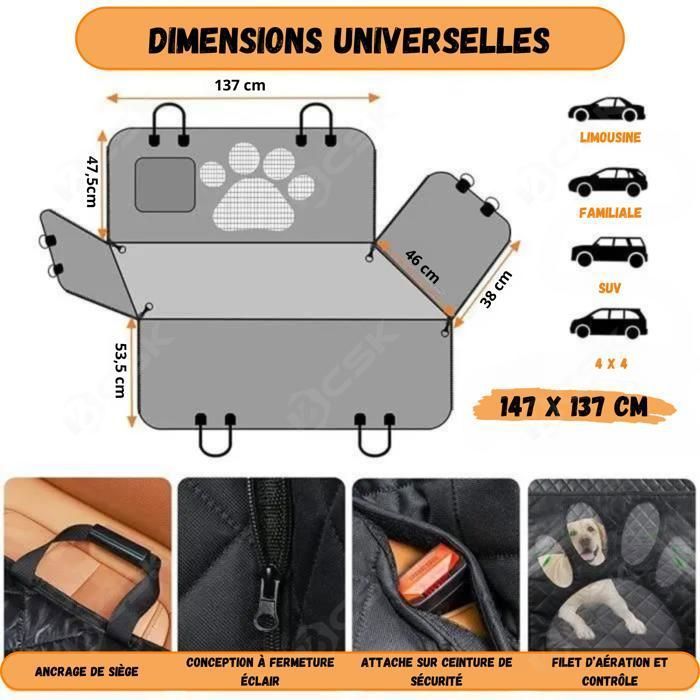 BCSK® Autostoelhoes voor honden - Bescherming voor de achterbank van de auto voor honden met controlenet - 147 x 137 cm