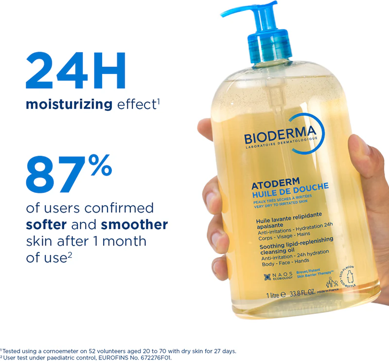 Bioderma Atoderm Doucheolie, een intens voedende en verzachtende doucheolie voor de droge en geïrriteerde huid.