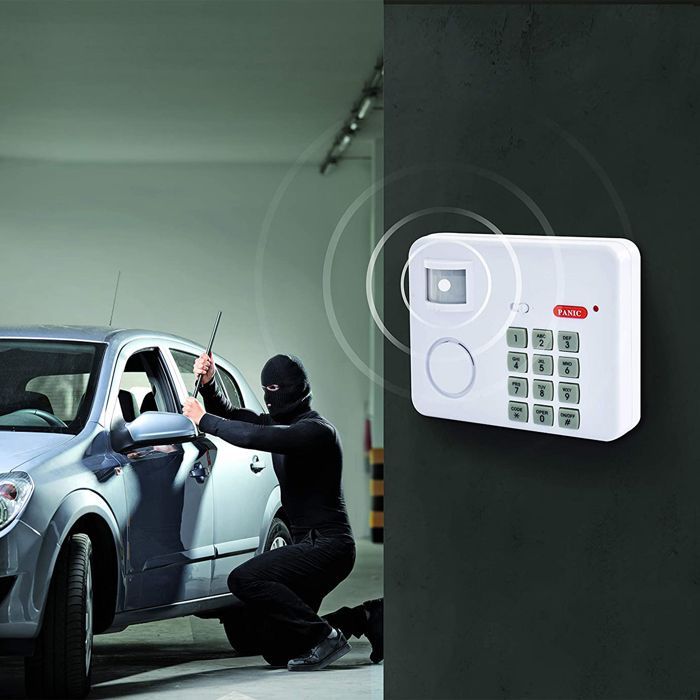 Drahtloses Alarmsystem mit Sirene und Bewegungsmelder – 100° Erfassungswinkel und 5 m Reichweite – Sirene, Tastenfeld, Panikknopf – Sicherheit