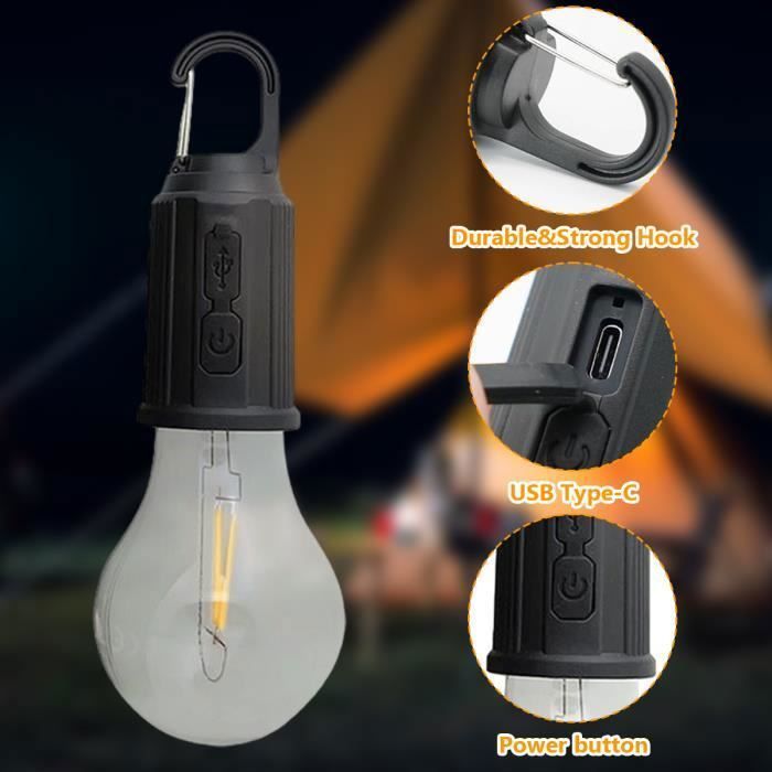 Oplaadbare draagbare LED-campinglamp, set van 4 campingtentlampen met haak, instelbare helderheid in 3 standen.